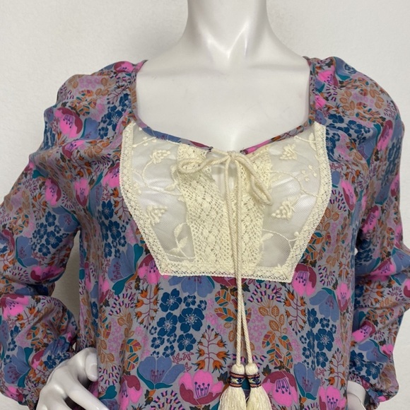 Matilda Jane Floral Print Tassel Lace Keyhole Long Sleeve Peasant Blouse Size S - Picture 3 of 10
